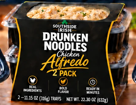 Drunken Noodles Chicken Alfredo two-pack sleeve over two noodle trays